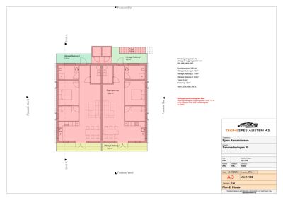 Etasjeplan (Plan 2) for en bolig i Sandvadsvingen 39, som viser romfordeling, arealer og fasader.