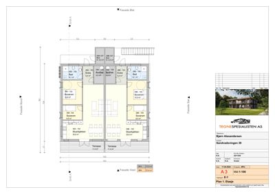 Etasjeplan (Plan 1) som viser romfordeling, mål og fasaderetning for en bolig.