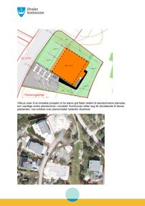 Bildet viser en situasjonsplan (ortofoto) med overlagte tegninger som illustrerer eiendomsgranser, bygningers plassering og arealbruk.