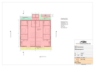 Etasjeplan (Plan 2. Etasje) som viser romfordeling, utvendige balkonger og bygningens dimensjoner.