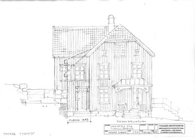 En håndtegnet fasadetegning (opprikk) av en bygning sett fra sydvest.