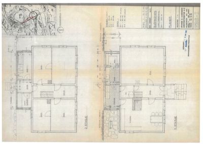 Etasjeplaner for 1. og 2. etasje med romfordeling, dører, trapp og dimensjoner.