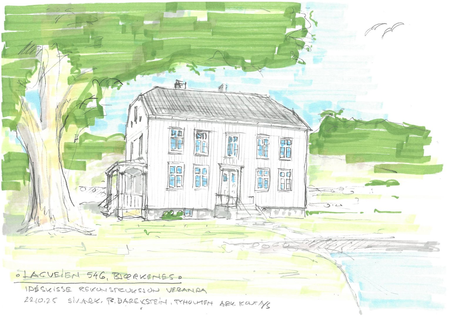 En håndtegnet illustrasjon (skisse) som viser en fasadeoppvisning av et hus med tilhørende natur, inkludert tekst om 'IDÉSKISSE REKONSTRUKSJON VERANDA'.