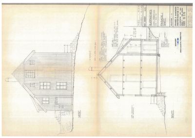 Tegning som viser fasade og snitt av en bygning sett fra vest.