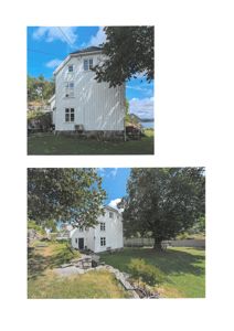 To fotografier av en hvit bygning sett fra ulike vinkler.