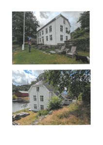 To fotografier av en hvit, trepanelert bygning sett fra ulike vinkler. Øverste bilde viser bygningen sett fra siden med en person og utemøbler i forgrunnen. Nedre bilde viser bygningen sett fra en annen vinkel med vann og en rød uthus i bakgrunnen.