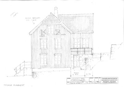 En håndtegnet fasadetegning (oppriss) av en bygning sett fra nordvest, med notater om eksisterende tilstand og planlagte endringer.