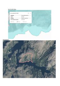 Bildet viser et oversiktskart med en flyfoto-bakgrunn og en tegnet grense (rød linje) som markerer et område, sannsynligvis et snøskredfareområde.