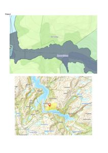 Bildet viser to kart: øverst en plakart som viser bygningsplassering i forhold til vann og terreng, og nederst et topografisk kart med et lokaliseringspunkt.