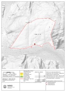 Et gårdskart som viser eiendomsgrenser, topografi og arealdata for eiendommen 1816-34/1/0.