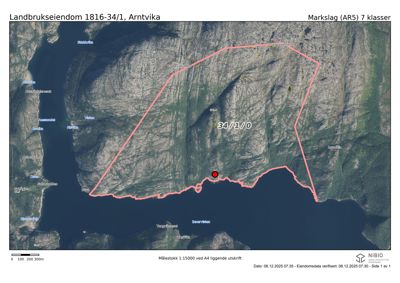 Et flyfoto eller kart over eiendom med eiendomsnummer 1816-34/1, Arntvika. Bildet viser eiendomsgrenser og topografi.