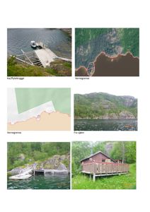 En collage av seks bilder som viser en kai, en flytebrygge, en hytte på stolper ved vannet, og situasjonsbilder med vann og fjell.