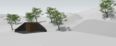 3D-visualisering av en bygning (muligens utedo eller garasje) integrert i et terreng med trær.