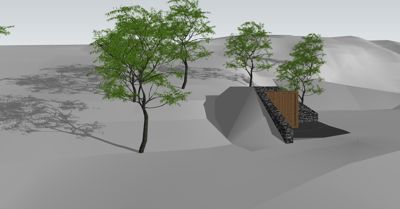 3D-visualisering av en bygning sett fra utsiden, med omgivende terreng og trær.