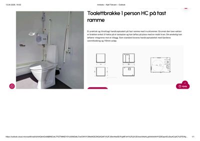 Fotografi av en toalettbrakke med fast ramme, inkludert en teknisk tegning som viser dimensjoner og oppsett.