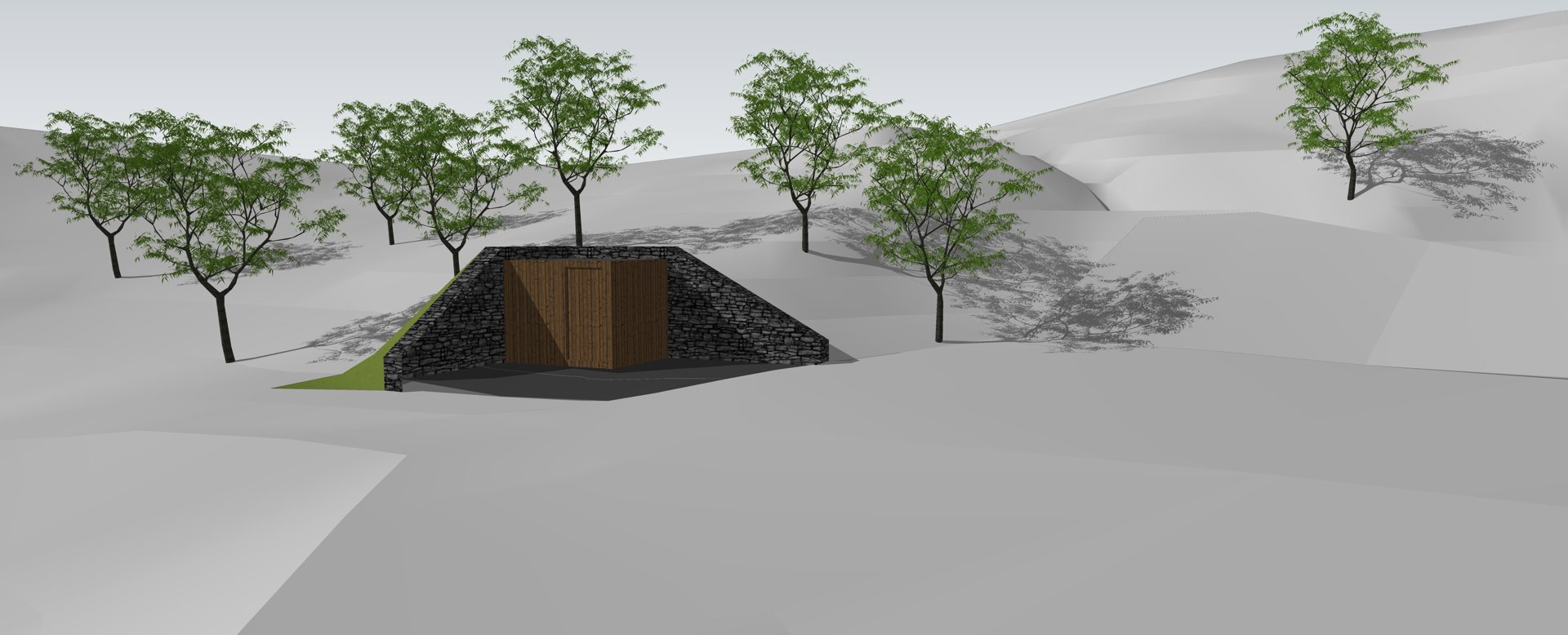 3D-visualisering av en bygning som er integrert i et terreng med trær.