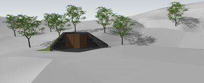 3D-visualisering av en bygning som er integrert i et terreng med trær.