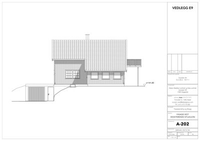 Fasadetegning av en bolig sett fra vest, med tegning av tak, vegger og vinduer.