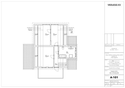 Plantegning av etasje (PLAN 2. ETTG) som viser romfordeling, dører og vinduer.