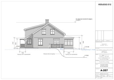 Fasadetegning som viser bygningens utseende sett fra nord, med mål og høydeangivelser.