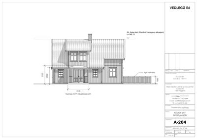 Fasadetegning som viser opprisset av bygningens østside med mål og detaljer.