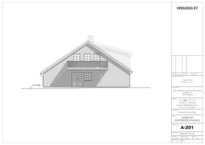 Fasadetegning av en bygning sett fra syd, med tegningstittel 'FASADE SYD EKSISTERENDE SITUASJON'.