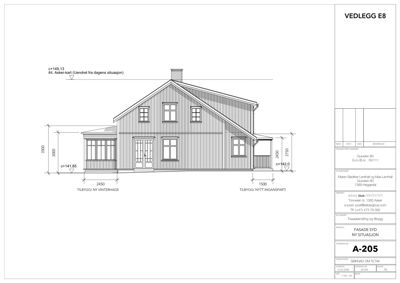 Fasadetegning av en bygning sett fra syd, med mål og detaljer for tilbygg.