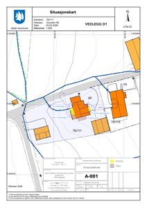 Situasjonsplan som viser eiendomsgrenser, naboeiendommer og bygningsplassering.