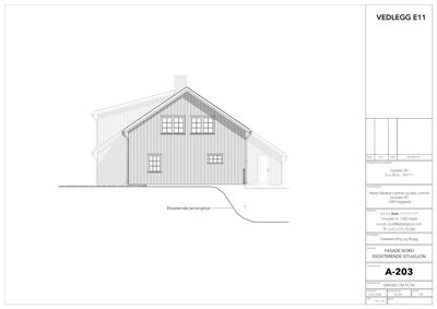 Fasadetegning av en bygning sett fra nord, med tegningstittel 'FASADE NORD EKSISTERENDE SITUASJON'.