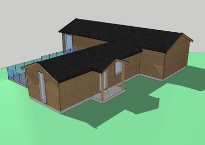 3D-visualisering av et planlagt trehus med tak og fasade.