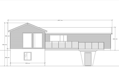 Fasadetegning med mål på en bygning sett fra siden