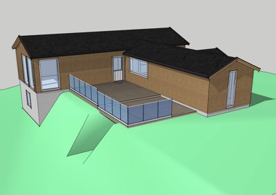 3D-visualisering av et planlagt hus med terrasse og hekk.