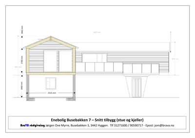 Snittegning av en tilbygget enebolig som viser romfordeling og høyder.