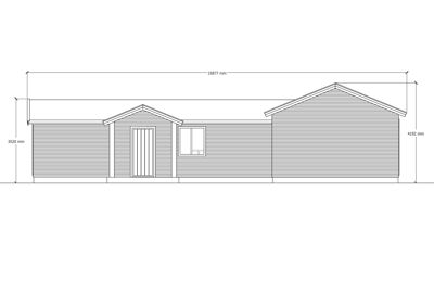Fasadetegning som viser bygningens utseende fra fronten, inkludert dører, vinduer, takform og fasadematerialer (lister), samt dimensjoner.