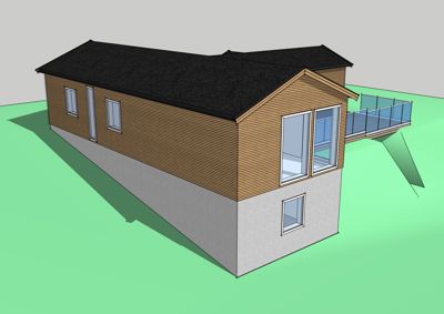 3D-visualisering av en planlagt bolig med trepanel og terrasse.
