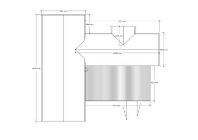 Snittegning som viser tverrsnittet av en bygning eller struktur med mål og detaljer.