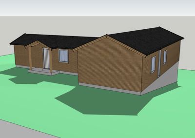 3D-visualisering av en planlagt bygning med trefasade og svart tak.
