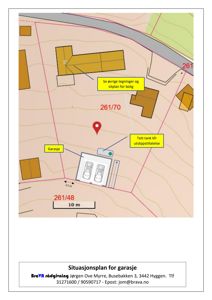 Situasjonsplan som viser plassering av en garasje og tett tank i forhold til eiendomsgrenser (261/48, 261/70) og nabolag.