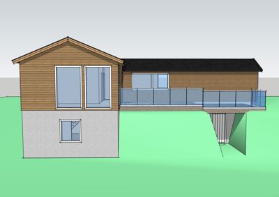 3D-visualisering av en moderne bolig med tre- og betongfasader, store vinduer og en utvendig terrasse.