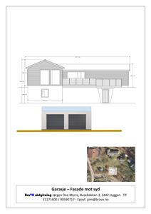 Bildet viser en fasadetegning av en garasje sett fra sør, inkludert mål og en 3D-visualisering av fasaden.
