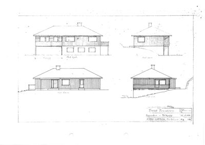 Fasadetegning som viser fire utsikter av en hytte eller liten bolig.