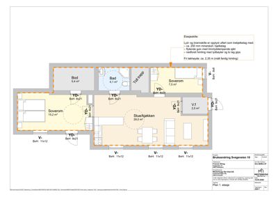 Etasjeplan (Plan 1. etasje) som viser romfordeling, arealer og veggtykkelse for en bolig.