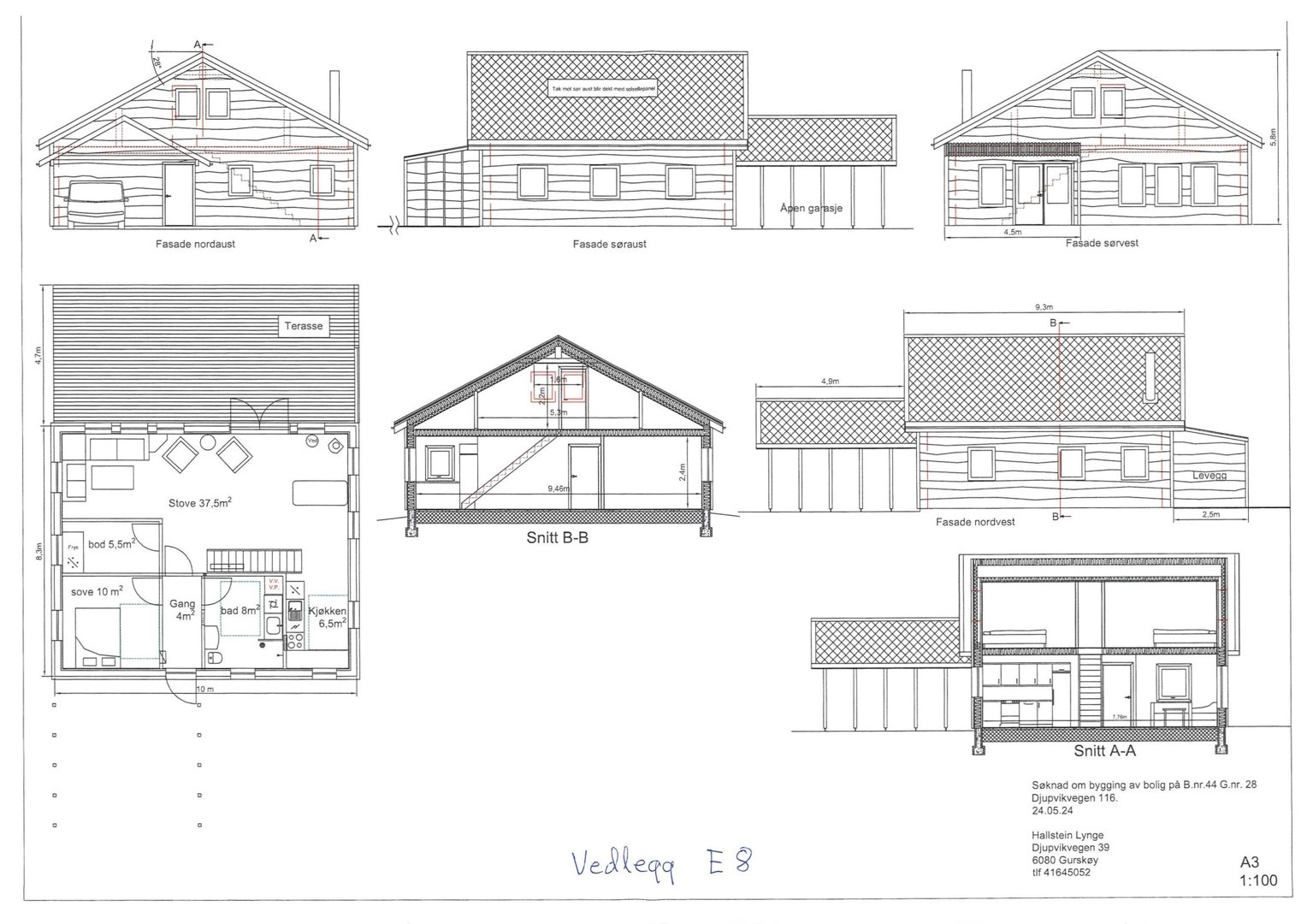 Bildet viser en arkitekttegning med etasjeplan (Stue, soverom, bad) og snittegninger (Snitt A-A og B-B) av en bolig.