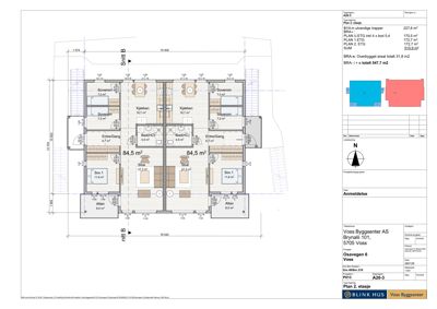 Etasjeplan (Plan 2. etasje) som viser romfordeling, arealer og orientering for en bolig.