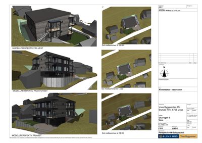 Bildet viser en serie med 3D-visualiseringer (renderinger) av et husprosjekt fra ulike vinkler (vest, sydvest, øst) og solposisjoner, inkludert nabovarsling.
