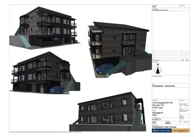 3D-visualisering (rendering) av en planlagt bygning sett fra ulike vinkler, inkludert fasade og situasjon med bil.