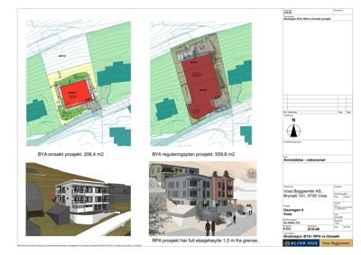 Et sammensatt bilde som viser to situasjonsplaner (øverst) og to 3D-renderinger (nederst) av et byggeprosjekt.