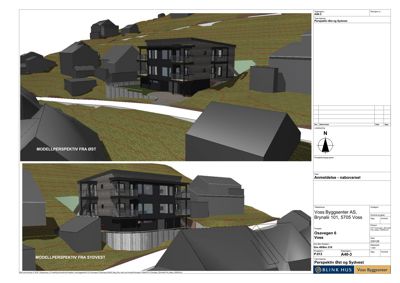 3D-modellperspektiv av en planlagt bygning sett fra øst og sydvest, inkludert omgivelsene.