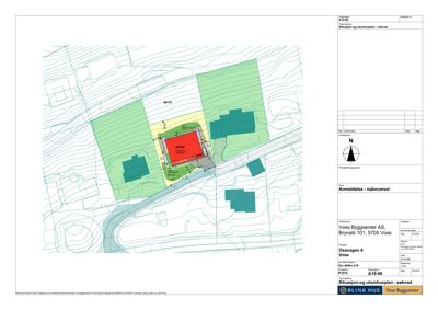 Situasjons- og utomhusplan som viser tomtens beliggenhet, nabobebyggelse, terrengforhold og prosjekteringsområde.