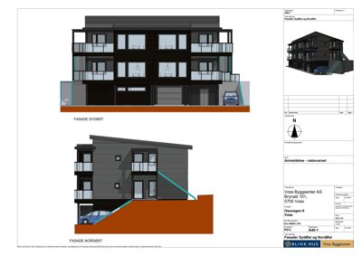 Tegning som viser fasadeoppsettet for bygningen sett fra sydøst og nordøst.